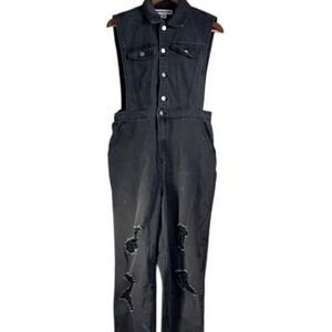 Cowboy‎ Stars Gray Denim Overalls Jumpsuit Size L Distressed Ripped goth